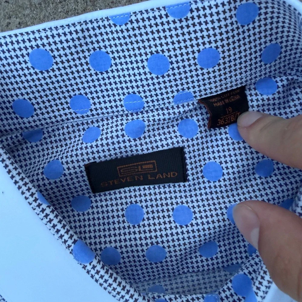 Steven Land Dress Shirt Mens 19 Blue Polka Dot Contrast Collar French Cuff - Picture 4 of 6